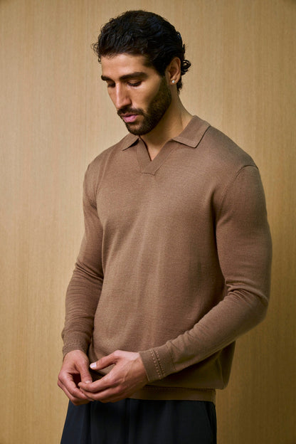 Rivoli Knitted Longsleeve Polo – Taupe