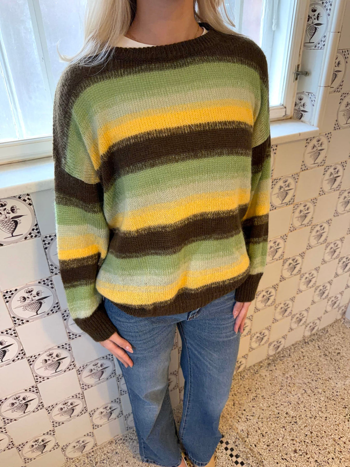 Raina knit with stripes - Brown/green/yellow